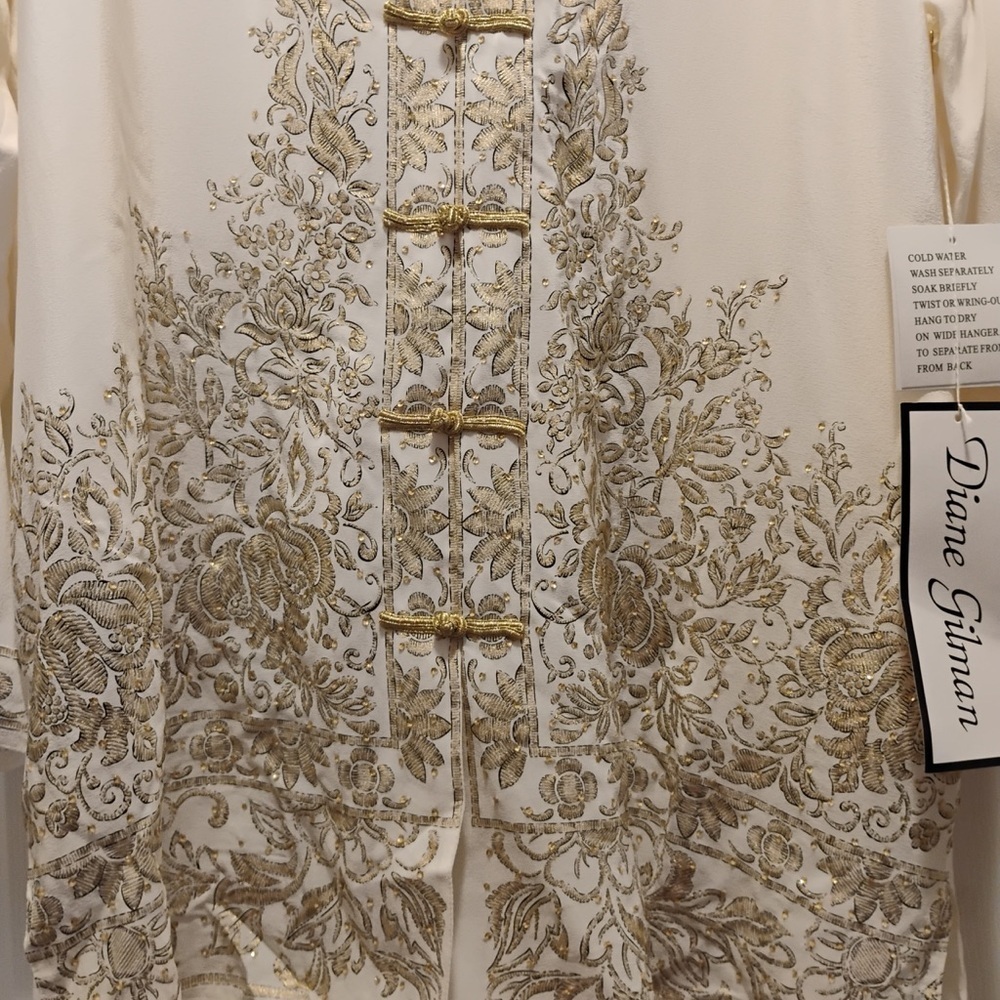 NWT Diane Gilman 100% Silk Oriental Tunic Blouse Gold Metallic Details Size 1X - Picture 6 of 8